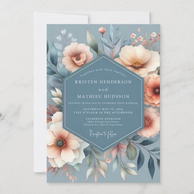 Convites Slate & Coral Painted Bloom Wedding (Frente)