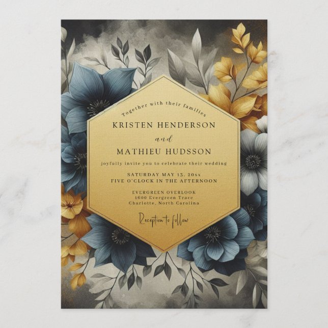 Convites Slate & Gold Painterly Bloom Wedding (Frente)