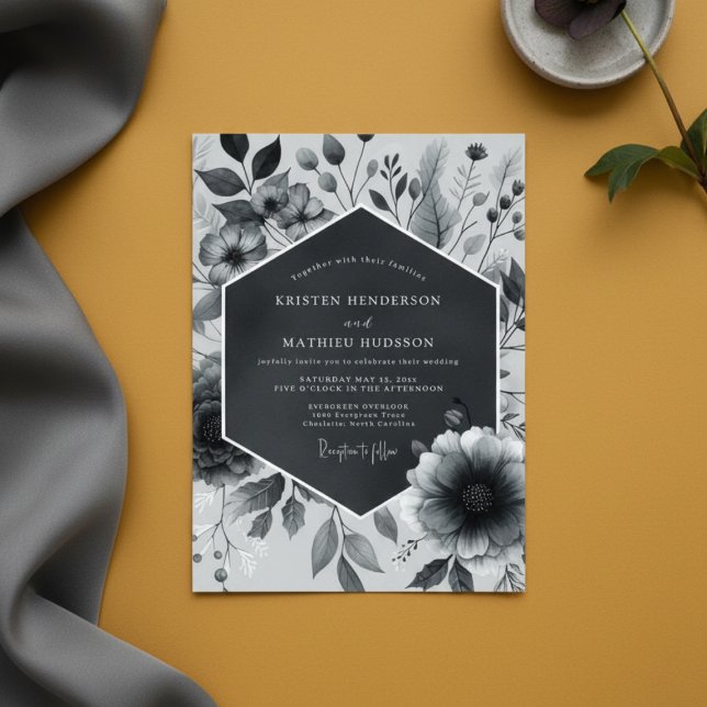 Convites Slate Gray Botanical Bloom Wedding (Criador carregado)