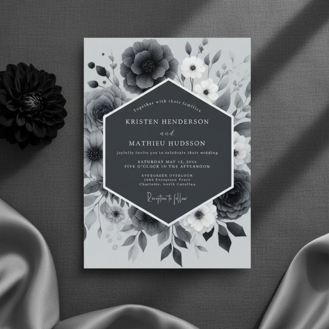 Convites Slate Gray Floral Romantic Wedding (Criador carregado)