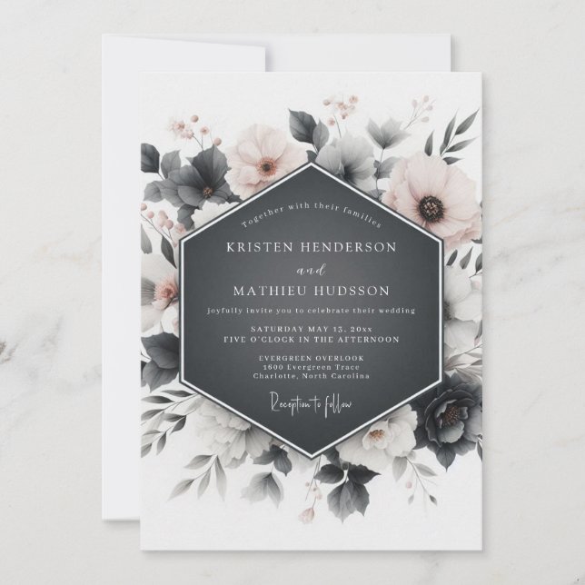 Convites Slate Grey Floral Elegance Wedding (Frente)