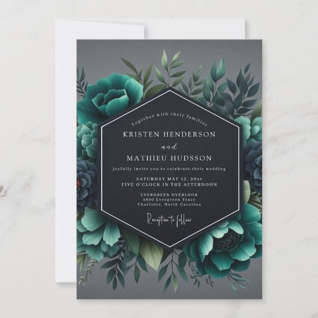 Convites Slate Teal Moody Flora Wedding (Frente)