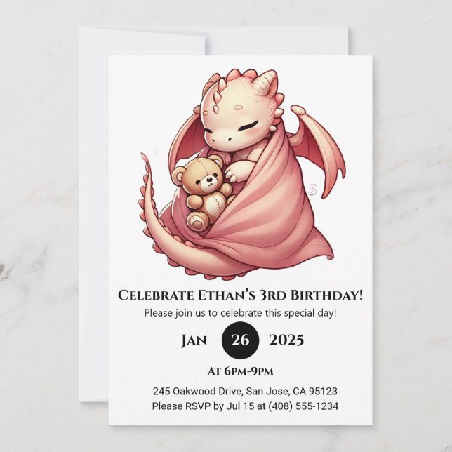 Convites Sleeping Baby Dragon with Teddy Birthday (Frente)