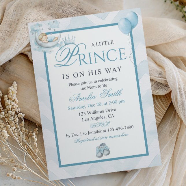 Convites Sleeping Baby On Moon Blue Watercolor Baby Shower (Criador carregado)