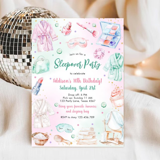Convites Sleepover Party Girl Spa Pink Birthday Invitation (Criador carregado)