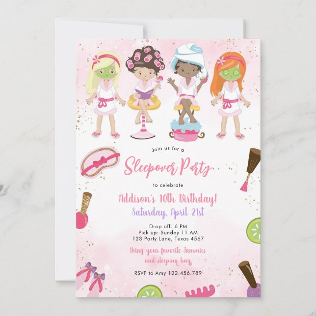 Convites Sleepover Party Girl Spa Pink Birthday Invitation (Frente)