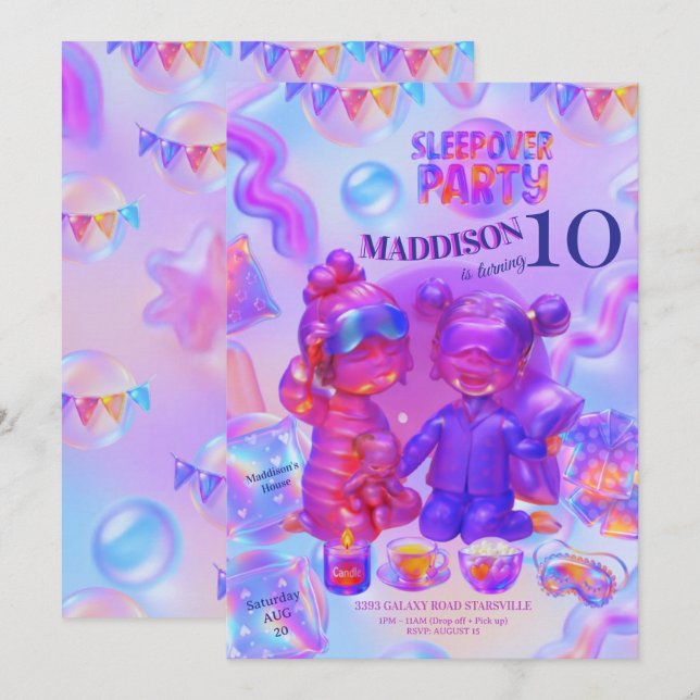 Convites Sleepover Party Invitation | Girl Pajama Birthday (Frente/Verso)