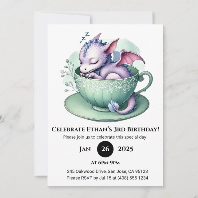 Convites Sleepy Baby Dragon in Teacup Birthday (Frente)