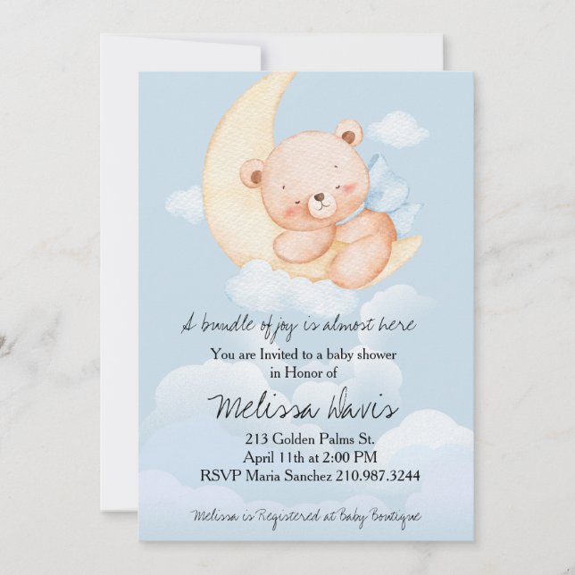Convites Sleepy Bear Baby Shower Invitation  (Frente)