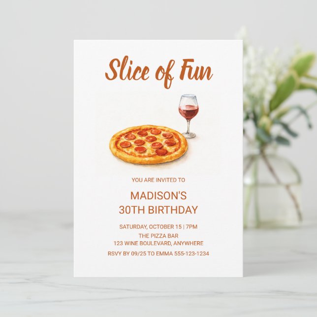 Convites Slice Of Fun Pizza & Wine Adult Birthday Party (Em pé/Frente)