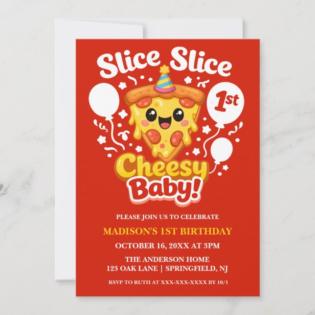 Convites Slice Slice Cheesy Baby Pizza 1st Birthday Photo (Frente)