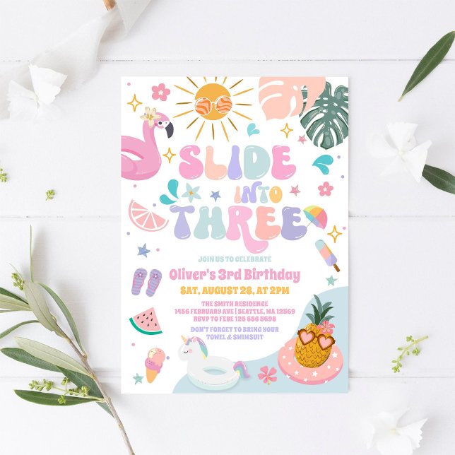 Convites Slide Into Three Pool Party Summer 3rd Birthday (Criador carregado)