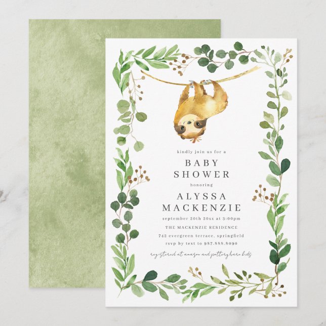 Convites Sloth Baby Shower Invitation (Frente/Verso)