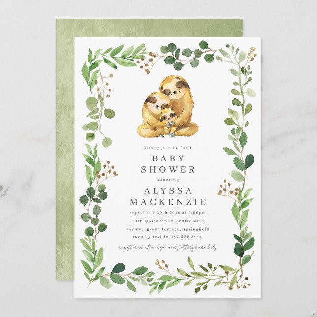 Convites Sloth Baby Shower Invitation (Frente/Verso)