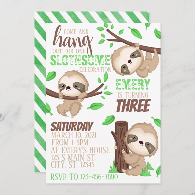 Convites Sloth Birthday  (Frente/Verso)
