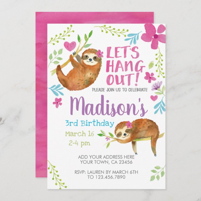 Convites Sloth Birthday (Frente/Verso)