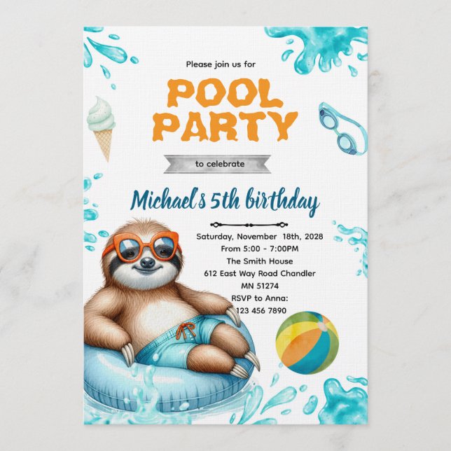 Convites Sloth Pool Party Birthday Invite (Frente)