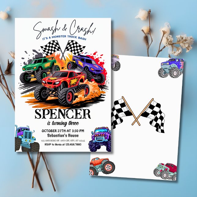 Convites Smash & Crash Monster Truck Bash aniversário de 3  (Smash & Crash Monster Truck Bash 3rd Birthday Invitation
)