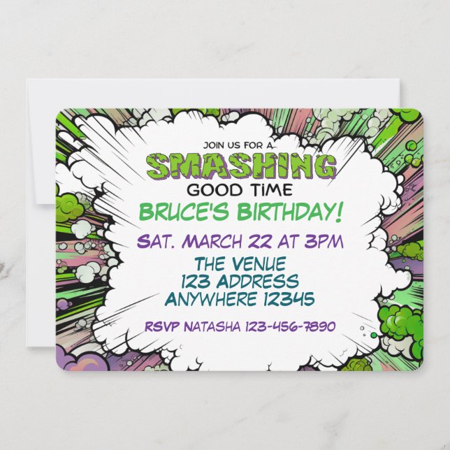 Convites Smashing Green Purple Comic Birthday (Frente)