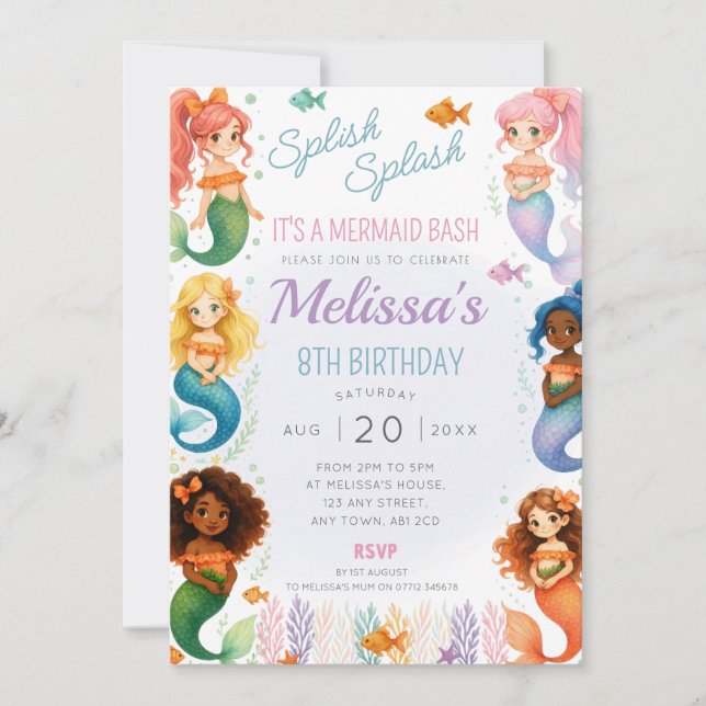 Convites Smermaid Festa de aniversário Invite Splash Bash (Frente)