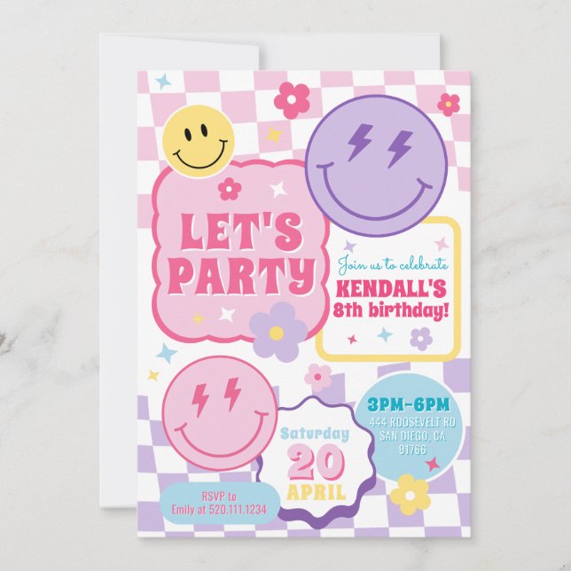Convites Smiley Preppy Face Colorful Birthday Invitation (Frente)