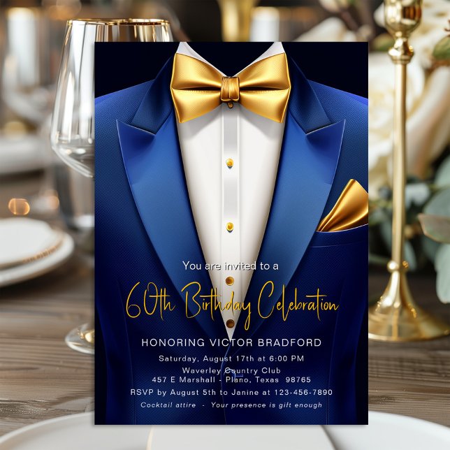 Convites Smoking Dourado Azul Real para Evento de Aniversár (Any number birthday and event invitation featuring a classy blue and gold tuxedo suit design.)
