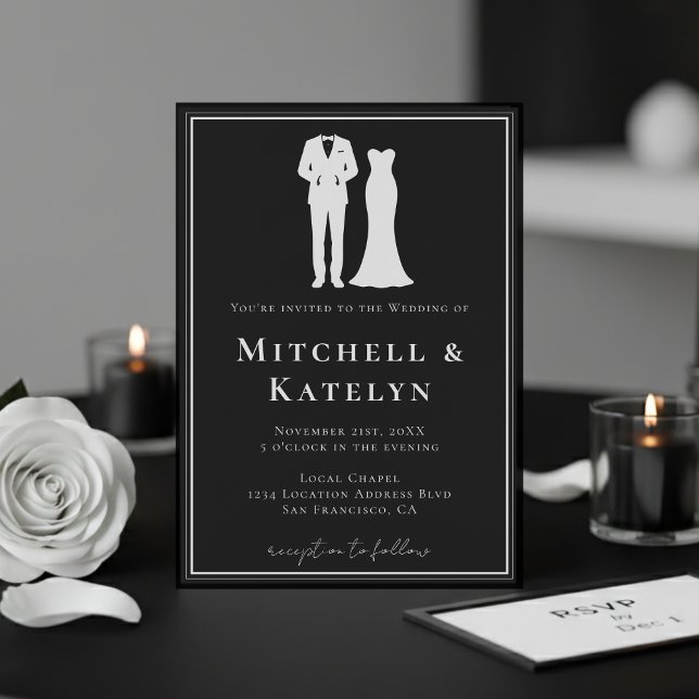 Convites Smoking e Vestido Borda Mínima Casamento Preto (Tuxedo & Dress Minimal Border Black Wedding Invitation
)