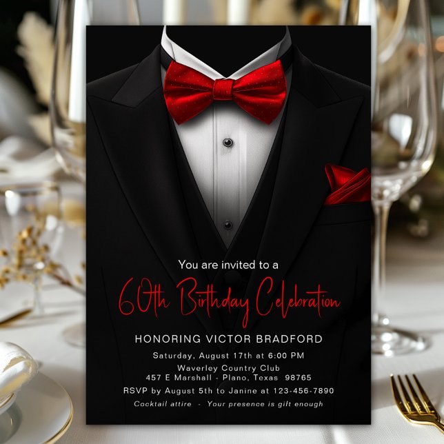 Convites Smoking Preto Vermelho para Homens em Qualquer Ida (Tuxedo and red tie any number birthday and event invitation. Simply add your event details.)