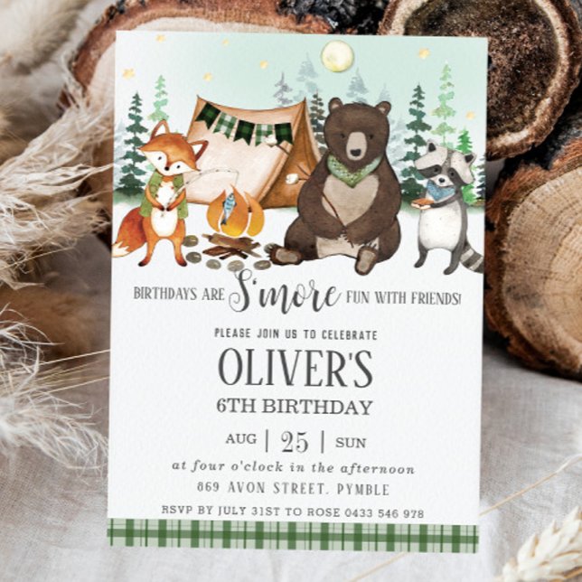Convites S'more acampando o bonfire Bear Fox Raccoon Aniver (Criador carregado)