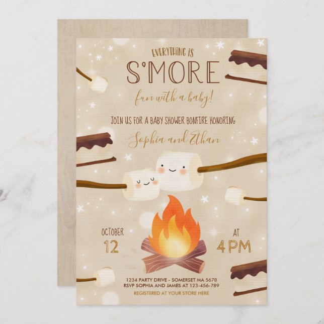 Convites S'more Gender Neutral Bonfire Chá de fraldas (Frente/Verso)