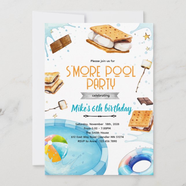Convites S'more pool birthday party invitation (Frente)