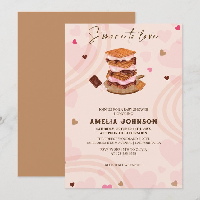 Convites S'more to Love cor rosa Hearts Chá de fraldas (Frente/Verso)