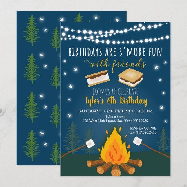 Convites S'mores acampando Campfire Bonfire Aniversário (Frente/Verso)
