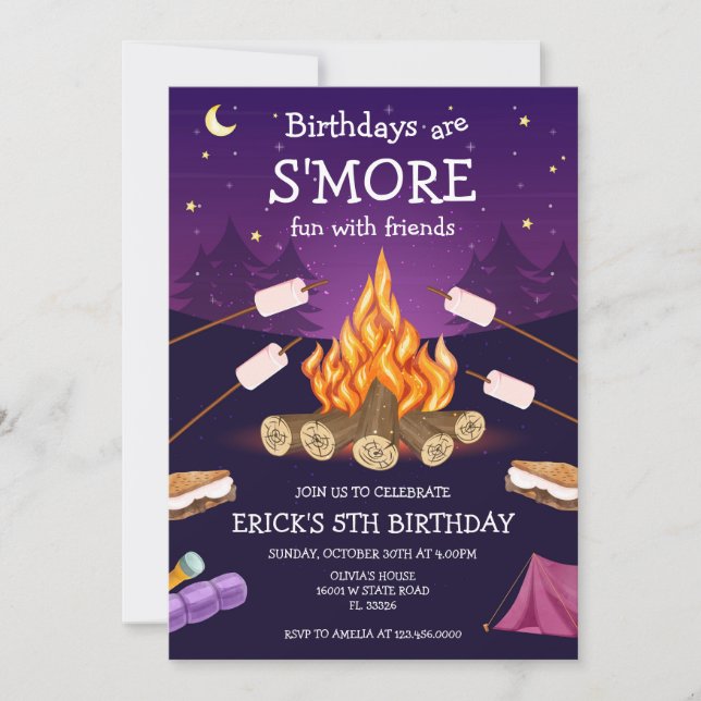 Convites S'mores Birthday Party S'mores Camping Birthday (Frente)