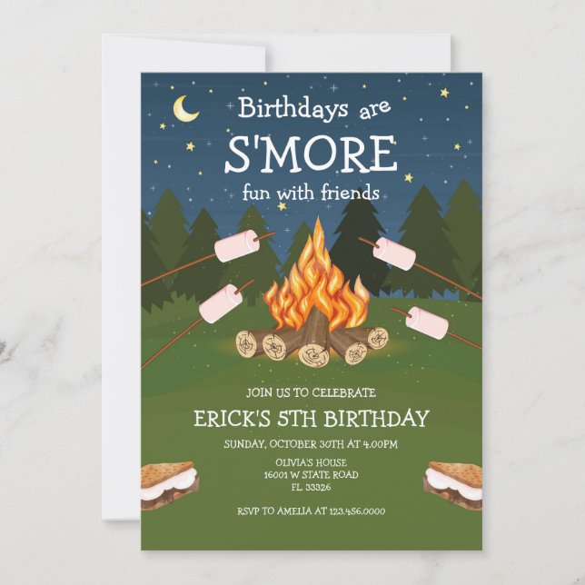 Convites S'mores Birthday Party S'mores Camping Birthday (Frente)