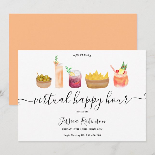 Convites Snacks coquetéis aquarela happy hours virtuais (Frente/Verso)