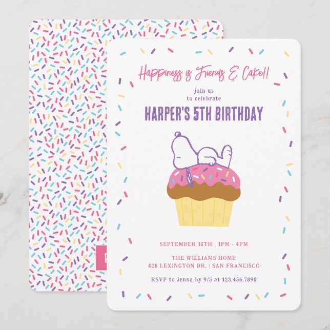 Convites Snoopy Jovial em Cupcake e Confetes de Aniversário (Frente/Verso)