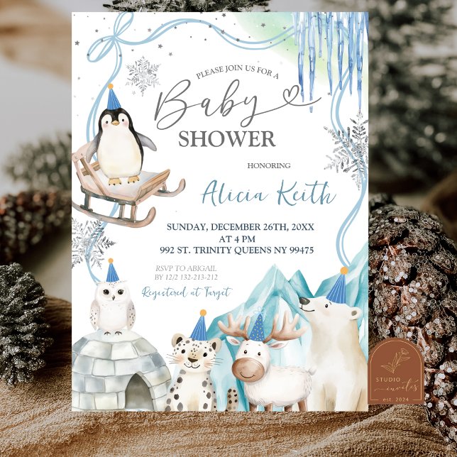 Convites Snow Boy Winter Arctic Animals Baby Shower (Criador carregado)