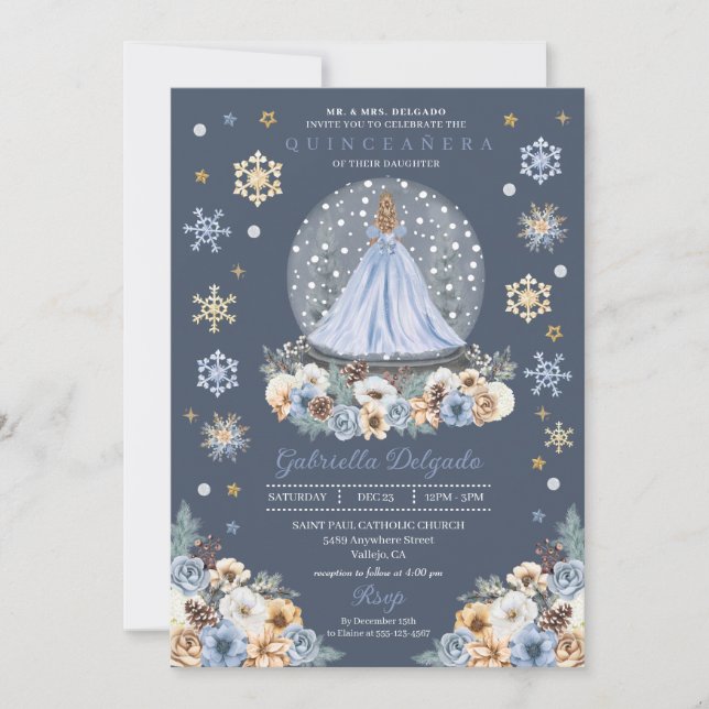 Convites Snow Globe Princess Winter Wonderland Quinceañera (Frente)