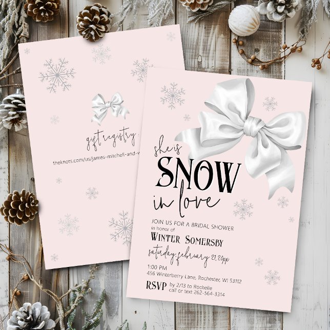 Convites Snow In Love Modern Bow Pink Winter Bridal Shower (Simple elegant minimal Snow In Love watercolor white bow snowflakes pink bridal shower invitation)