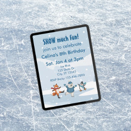 Convites Snow Much Fun, ice skating animals winter birthday