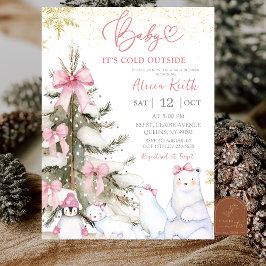 Convites Snow Pink Winter Arctic Animals Baby Shower