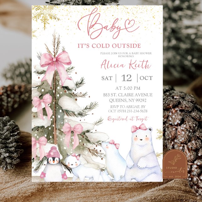Convites Snow Pink Winter Arctic Animals Baby Shower (Criador carregado)