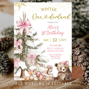 Convites Snow Pink Winter Onederland Primeiro Aniversário