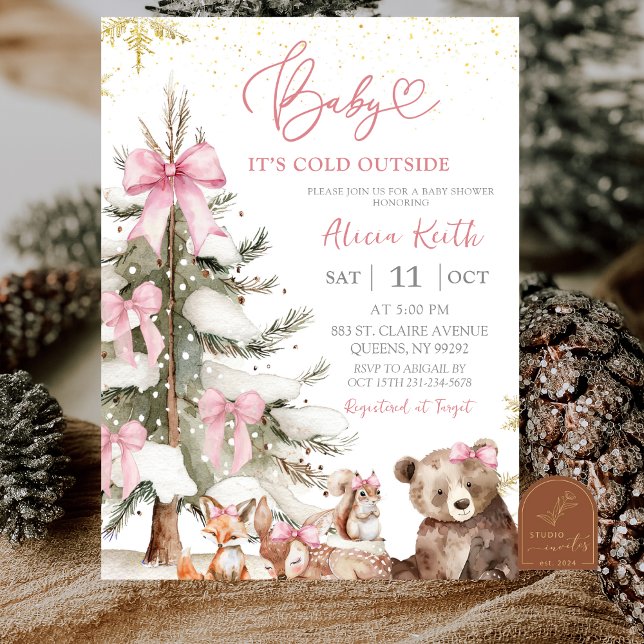 Convites Snow Pink Winter Woodland Baby Shower Invitation (Criador carregado)