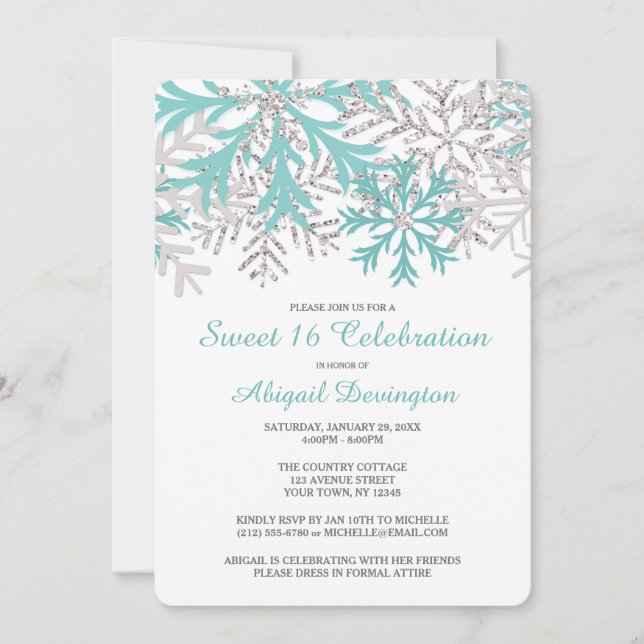 Convites Snowflake Teal Blue Silver Winter Sweet 16 Invites (Frente)