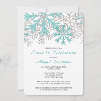 Convites Snowflake Teal Blue Silver Winter Sweet 16 Invites