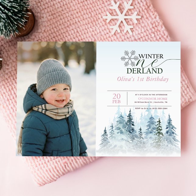Convites Snowflake Winter Onederland 1st Birthday Kid Photo (Criador carregado)