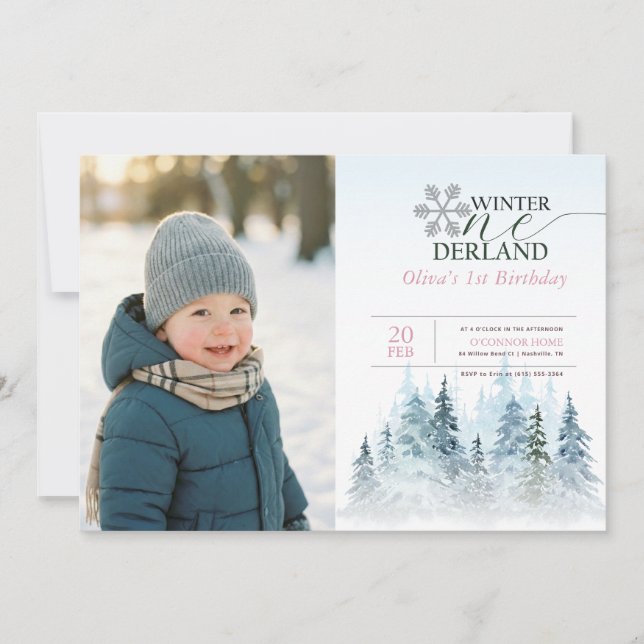 Convites Snowflake Winter Onederland Kid Photo 1st Birthday (Frente)