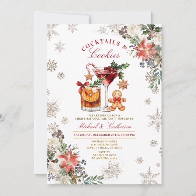 Convites Snowflakes Cookies & Cocktails Cozy Rustic  (Frente)